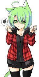 Rule 34 | 1girl, ahoge, animal ears, black thighhighs, blush, cat ears, cat tail, dodome-iro mayonnaise, green eyes, green hair, hood, hoodie, looking at viewer, matching hair/eyes, open clothes, open hoodie, original, plaid, sharon (dodomayo), short hair, simple background, solo, spoken squiggle, squiggle, tail, thighhighs, white background