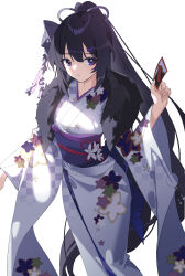 Rule 34 | 1girl, absurdres, black hair, copyright request, feather boa, floral print, hair between eyes, hair ornament, hairclip, hand up, highres, japanese clothes, kimono, long hair, long sleeves, obi, parted lips, ponytail, print kimono, purple eyes, qtian, sash, simple background, solo, very long hair, white background, white kimono, wide sleeves