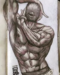 Rule 34 | 1boy, abs, bird mask, chota, dorohedoro, fabulous, graphite (medium), highres, large pectorals, male focus, mask, maya panda, muscular, muscular male, navel, nipples, no eyes, pectorals, photo (medium), shredded muscles, solo, stomach, topless male, traditional media, upper body, veins, veiny arms