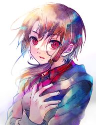 Rule 34 | 1girl, asymmetrical hair, bloom, brown hair, colorful, commentary, english commentary, hairband, hand on own chest, highres, iwakura lain, jacket, parted lips, portrait, red eyes, serial experiments lain, shirayuki towa, sidelocks, solo, white background