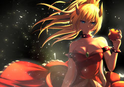 Rule 34 | 1girl, alternate color, apple, armlet, bad id, bad pixiv id, bare shoulders, bitten apple, black background, blonde hair, blue eyes, bowsette, bracelet, breasts, cleavage, closed mouth, collar, collarbone, commentary request, cosmicsnic, crown, dress, food, food bite, fruit, highres, horns, jewelry, looking at viewer, mario (series), medium breasts, new super mario bros. u deluxe, nintendo, ponytail, red dress, short hair, solo, spiked armlet, spiked bracelet, spiked collar, spikes, super crown