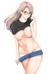 Rule 34 | 1girl, blush, breasts, breasts apart, clothes lift, clothes pull, covering nipples, covering privates, cowboy shot, crossed legs, denim, denim shorts, glasses, grey hair, groin, hand up, head tilt, highres, kauru00, lifting own clothes, long hair, looking at viewer, medium breasts, mole, mole on breast, mole under mouth, navel, no bra, no panties, original, parted bangs, parted lips, pulling own clothes, rectangular eyewear, shiny skin, shirt lift, short shorts, short sleeves, shorts, shorts pull, simple background, smile, solo, standing, underboob, yellow eyes