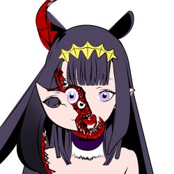 Rule 34 | absurdres, black hair, body horror, eldritch abomination, guro, highres, hololive, hololive english, horror (theme), looking at viewer, ninomae ina&#039;nis, ninomae ina&#039;nis (1st costume), pointy ears, purple eyes, tongue, tongue out, utkujo, virtual youtuber, white background