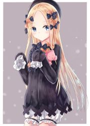 Rule 34 | 1girl, abigail williams (fate), akaya (pixiv20545353), black bow, black dress, black hat, blonde hair, bloomers, blue eyes, blush, border, bow, bug, butterfly, closed mouth, commentary request, dress, fate/grand order, fate (series), forehead, hair bow, hat, highres, hugging object, insect, long hair, long sleeves, looking at viewer, orange bow, parted bangs, polka dot, polka dot bow, sleeves past wrists, solo, stuffed animal, stuffed toy, teddy bear, underwear, very long hair, white bloomers, white border