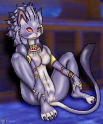 Rule 34 | 1girl, absurdres, alternate form, animal ears, armlet, bracelet, breasts, cat ears, cat girl, cat tail, claws, colored sclera, earrings, fangs, furry, gamemaniac7509, highres, isabella (seiken densetsu 3), jewelry, necklace, no nipples, no pussy, purple fur, purple hair, red sclera, seiken densetsu, seiken densetsu 3, slit pupils, tail