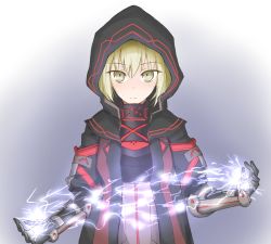 Rule 34 | 1girl, alternate costume, artoria pendragon (fate), black gloves, black hoodie, blonde hair, blush, closed mouth, commentary request, fate/grand order, fate (series), gloves, green eyes, hair between eyes, hood, hooded jacket, hoodie, jacket, lightning, looking at viewer, mysterious heroine x alter (fate), mysterious heroine x alter (third ascension) (fate), simple background, solo, tagme, tatsu (tanishi 24)
