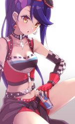 Rule 34 | 1girl, :o, absurdres, aikatsu! (series), aikatsu stars!, bare legs, bare shoulders, belt, blue hair, blush, breasts, brown eyes, can, checkered gloves, choker, cleavage, clothes around waist, collarbone, commentary request, cowboy shot, crop top, drink, ear piercing, earrings, elbow gloves, energy drink, eyewear on head, fingerless gloves, gloves, gradient background, grey background, hair between eyes, highres, holding, holding can, holding drink, idol, jewelry, kisaragi tsubasa, lightning bolt symbol, long hair, looking at viewer, multicolored eyes, multicolored hair, nokita (pinmisil), open mouth, piercing, polka dot, purple hair, race queen, red bull, red gloves, red shorts, short shorts, shorts, simple background, sitting, small breasts, soda, solo, spread legs, sunglasses, sweater, sweater around waist, yellow eyes