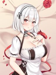 Rule 34 | 1girl, anchor choker, azur lane, bed sheet, breasts, cleavage, closed mouth, crossed bangs, dress, flower, hairband, hand on own chest, kaetzchen, lace-trimmed hairband, lace trim, large breasts, red eyes, red flower, red ribbon, red rose, ribbon, rose, scrunchie, short hair, sirius (azur lane), solo, tan background, two-tone dress, white dress, white hair