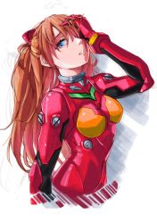 Rule 34 | 1girl, absurdres, arm at side, arm up, blue eyes, bodysuit, breasts, brown hair, covering one eye, cropped torso, curvy, gloves, hair ornament, hair over one eye, highres, long hair, medium breasts, neon genesis evangelion, nixour, parted lips, plugsuit, red bodysuit, red gloves, shiny clothes, skin tight, smile, solo, souryuu asuka langley, twintails, upper body