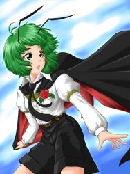 Rule 34 | 1girl, antennae, armband, belt, blue sky, cape, cape tug, cloud, dress shirt, earrings, flower, green eyes, green hair, jewelry, lips, long sleeves, looking away, looking back, matching hair/eyes, necktie, parted lips, red flower, red rose, rose, shirt, short hair, shorts, single earring, sky, soarer limited, solo, touhou, wind, wind lift, wriggle nightbug