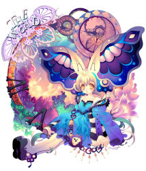 Rule 34 | 1girl, animal ears, blonde hair, boots, bug, butterfly, butterfly wings, chain, cherrypin, clock, dress, flower, insect, insect wings, key, multicolored wings, original, sitting, solo, thigh boots, thighhighs, wings, yellow eyes