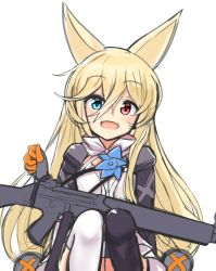Rule 34 | 1girl, :d, absurdres, animal ears, assault rifle, asymmetrical legwear, blonde hair, blue eyes, commentary, fang, fox ears, g41 (girls&#039; frontline), girls&#039; frontline, gun, hair between eyes, heterochromia, highres, j young, long hair, looking at viewer, mismatched legwear, open mouth, red eyes, rifle, simple background, smile, solo, thighhighs, weapon, white background
