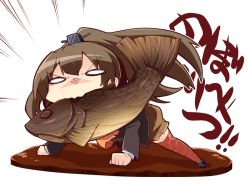 Rule 34 | 0 0, 10s, 1girl, animal, ascot, black footwear, blazer, brown jacket, brown skirt, chibi, empty eyes, fish, foreshortening, full body, furrowed brow, headgear, horizontal-striped legwear, jacket, kantai collection, kumano (kancolle), loafers, long hair, long sleeves, looking at viewer, miniskirt, mouth hold, orange thighhighs, ponytail, reku, shaded face, shoes, simple background, skirt, solo, striped clothes, striped thighhighs, thighhighs, white background, wide oval eyes, zettai ryouiki