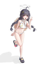 Rule 34 | 1girl, absurdres, ahoge, arm at side, bare arms, bare legs, bikini, black footwear, black hair, blue archive, blush, braid, brown hat, chinese commentary, commentary, crocs, full body, grey halo, hair ribbon, halo, hand up, hat, hat on back, highres, leaf, leaf on head, leaf print, leaning forward, leg up, long hair, looking at viewer, miyu (blue archive), miyu (swimsuit) (blue archive), navel, official alternate costume, open mouth, print bikini, red eyes, ribbon, simple background, smile, solo, standing, standing on one leg, straw hat, swimsuit, twin braids, v, water drop, white background, white bikini, white ribbon, wudongyouyi