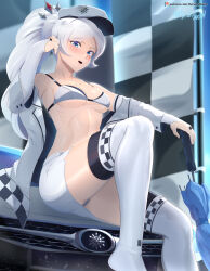 Rule 34 | 1girl, alternate costume, bikini, bikini top only, blue eyes, braid, braided ponytail, breasts, bridal gauntlets, car, checkered clothes, checkered flag, flag, hair ornament, hat, high ponytail, highres, holding, holding umbrella, jacket, long hair, looking at viewer, midriff, miniskirt, motor vehicle, off shoulder, on vehicle, open mouth, panties, panty peek, peaked cap, race queen, rwby, scar, scar across eye, scar on face, short shorts, shorts, sitting, skirt, small breasts, snowflake print, solo, swimsuit, thighhighs, thighs, tiara, umbrella, underwear, very long hair, vilde loh hocen, weiss schnee, white hair, white jacket, white skirt, white thighhighs