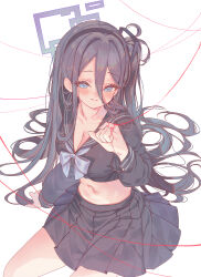 1girl absurdly_long_hair absurdres alternate_costume aqua_halo aris_(blue_archive) black_hair black_serafuku blue_archive crop_top hair_between_eyes halo highres long_hair long_hair_between_eyes navel one_side_up pinky_out rectangular_halo ringed_eyes school_uniform serafuku sitting solo string string_around_finger string_of_fate thread torano very_long_hair white_background