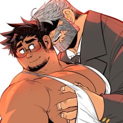 Rule 34 | 2boys, age difference, bara, beard, dark-skinned male, dark skin, edwin (kokukokuboo), faceless, faceless male, facial hair, formal, from side, glasses, goatee, grabbing, grey hair, grey suit, groping, kokukokuboo, large hands, large pectorals, long sideburns, looking away, male focus, mature male, multiple boys, muscular, muscular male, mustache, necktie, old, old man, original, pectoral grab, pectorals, puffy chest, short hair, shy, sideburns, smirk, spiked hair, suit, sweatdrop, tank top, thick eyebrows, upper body, white tank top, yaoi
