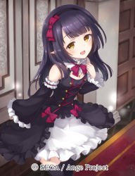 Rule 34 | 1girl, ange vierge, black hair, black thighhighs, blush, bow, brown eyes, detached sleeves, door, flat chest, hair bow, hairband, hand up, indoors, long hair, looking at viewer, macaron marinere, official art, pointy ears, red bow, red carpet, shamonor, solo, standing, thighhighs, watermark