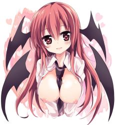 Rule 34 | 1girl, between breasts, black necktie, blush, breasts, cleavage, head wings, heart, heart-shaped pupils, image sample, koakuma, large breasts, looking at viewer, maturiuta sorato, necktie, necktie between breasts, nipples, open clothes, open shirt, red eyes, red hair, shirt, smile, solo, symbol-shaped pupils, touhou, upper body, wings