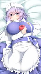 Rule 34 | 1girl, apple, apron, bad id, bad pixiv id, bed sheet, blue eyes, blue skirt, blush, breasts, capelet, food, fruit, hair between eyes, hat, highres, holding, holding food, holding fruit, huge breasts, letty whiterock, light purple hair, long sleeves, looking at viewer, lying, shiro oolong-cha, skirt, skirt set, solo, touhou, white hat