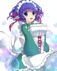Rule 34 | 1girl, alternate costume, animal ears, apron, blue eyes, blue hair, blush, breasts, enmaided, female focus, fins, hayabusa koi, head fins, japanese clothes, kimono, large breasts, long sleeves, looking at viewer, maid, maid apron, maid headdress, matching hair/eyes, mermaid, monster girl, open mouth, short hair, smile, solo, touhou, wa maid, wakasagihime, white background