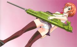 Rule 34 | 1girl, absurdres, artbook, ass, black footwear, blush, cameltoe, closed mouth, covered erect nipples, dutch angle, gradient background, grey skirt, gun, highres, kneepits, looking back, mary janes, original, panties, pantyshot, purple thighhighs, red hair, red neckwear, scan, shirt, shoes, short hair, short sleeves, simple background, skirt, solo, standing, thighhighs, thighs, underwear, weapon, white panties, white shirt, yamauchi noriyasu