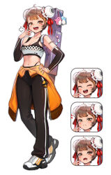 Rule 34 | 1girl, ahoge, angry, arm tattoo, barcode, barcode tattoo, black pants, black sleeves, blush, breasts, brown eyes, bun cover, cleavage, closed eyes, closed mouth, clothes around waist, commentary, crop top, detached sleeves, double bun, earbuds, earphones, expression chart, expressions, full body, hair bun, hair ornament, hair ribbon, hairclip, hand on own hip, hand up, highres, jacket, jacket around waist, korean commentary, ksb (qwop03), looking at viewer, medium breasts, midriff, navel, open mouth, orange jacket, original, pants, panty straps, puff of air, ribbon, shoes, short hair, simple background, smile, sneakers, solo, stomach, tattoo, teeth, upper teeth only, white background, white footwear
