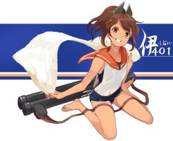 Rule 34 | 10s, 1girl, bad id, bad twitter id, barefoot, brown eyes, brown hair, character name, grin, i-401 (kancolle), kantai collection, looking at viewer, ponytail, sailor collar, short ponytail, sitting, smile, solo, swimsuit, swimsuit under clothes, touzai (poppin phl95), towel, wariza, wet