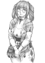 Rule 34 | 10s, 1girl, absurdres, blush, breasts, final fantasy, final fantasy xiv, glasses, greyscale, highres, hyur, large breasts, light smile, lips, monochrome, own hands together, saiyazumi, serendipity, sketch, square enix, twintails