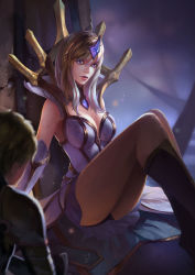 Rule 34 | 1girl, absurdres, armpits, artist check, black panties, blue eyes, blurry, breasts, cleavage, depth of field, detached collar, elementalist lux, highres, large breasts, league of legends, light elementalist lux, lux (league of legends), panties, pantyhose, pantyshot, sitting, solo focus, underwear, white hair