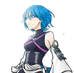 Rule 34 | 1girl, aqua (kingdom hearts), bare shoulders, blue eyes, blue hair, breasts, closed mouth, detached sleeves, hair between eyes, highres, kingdom hearts, kingdom hearts birth by sleep, long sleeves, medium breasts, monokuro (mono 9142 15x), short hair, simple background, smile, solo, turtleneck, upper body, white background, wide sleeves