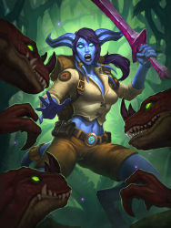 Rule 34 | 1girl, absurdres, backpack, bag, belt, blue lips, blue sclera, blue skin, breasts, bright pupils, colored sclera, colored skin, cornered sentry, digitigrade, dinosaur, draenei, glowing, glowing eyes, green sclera, hearthstone, highres, horns, jomaro kindred, jungle, long hair, looking at viewer, medium breasts, midriff, nature, navel, official art, open mouth, ponytail, purple hair, raptor, sharp teeth, shorts, solo, sword, tail, teeth, warcraft, weapon, white pupils, world of warcraft