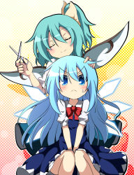 Rule 34 | &gt;:&lt;, 2girls, :&lt;, alternate hair length, alternate hairstyle, blue eyes, blue hair, blush, bow, cirno, closed eyes, closed mouth, cutting hair, daiyousei, do (4-rt), dress, green hair, hair bow, hand in another&#039;s hair, highres, long hair, multiple girls, panties, polka dot, polka dot background, scissors, short hair, side ponytail, sitting, smile, sweatdrop, touhou, underwear, v-shaped eyebrows, v arms, wings