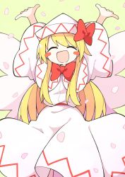 Rule 34 | 1girl, arms up, asameshi, belt, blonde hair, blush, blush stickers, bow, bowtie, capelet, closed eyes, commentary request, dress, fairy wings, hair between eyes, hands up, hat, hat bow, highres, lily white, long hair, long sleeves, open mouth, petals, red belt, red bow, red bowtie, simple background, smile, solo, standing, touhou, white capelet, white dress, white hat, wide sleeves, wings, yellow background