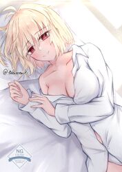 1girl arcueid_brunestud bed blonde_hair breasts highres large_breasts light_smile long_sleeves looking_at_viewer red_eyes short_hair skirt solo tagme taketsuki_217 tsukihime white_skirt