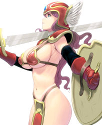 Rule 34 | 1girl, aqua eyes, armor, ass, bad id, bad pixiv id, breasts, chunsoft, cowboy shot, dragon quest, dragon quest iii, enix, gloves, helmet, kouno (masao), large breasts, long hair, navel, pauldrons, profile, purple hair, shield, shoulder armor, shoulder armor, sideboob, simple background, soldier (dq3), solo, sword, underboob, weapon, white background, winged helmet