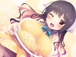 Rule 34 | 10s, 1girl, ;d, apron, aqua bow, aqua bowtie, blush, bow, bowtie, breasts, brown eyes, commentary request, dutch angle, food, head tilt, heart, heart in eye, holding, holding plate, kantai collection, large breasts, long hair, morita (moritania), multicolored hair, musical note, naganami (kancolle), nearly naked apron, one eye closed, open mouth, panties, pink hair, pink panties, plate, quaver, revision, rice, smile, solo, symbol in eye, translated, two-tone hair, underwear, yellow apron, yellow background
