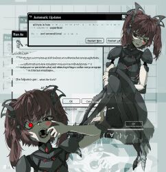 Rule 34 | 1girl, brown hair, circular saw, commentary, english commentary, english text, finger in own mouth, highres, joints, juniper (artist), looking at viewer, mechanical legs, open mouth, original, red eyes, robot girl, robot joints, saw, sign, twintails, uneven eyes, warning sign, window (computing)