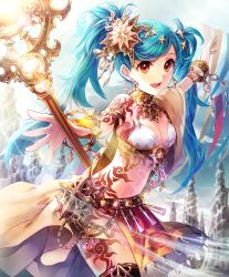 Rule 34 | 1girl, aqua hair, artist request, banner, bracelet, breasts, cleavage, crystal, cygames, earrings, hair ornament, jewelry, looking at viewer, necklace, official art, orange eyes, radiant shaman, revealing clothes, shadowverse, shingeki no bahamut, smile, solo, staff, tattoo, thigh strap, tribal tattoo, twintails