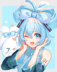 Rule 34 | 1girl, aqua eyes, aqua necktie, arm tattoo, bare shoulders, black sleeves, blue background, blue bow, blue hair, blue trim, blush, border, bow, cinnamiku, cinnamoroll, collared shirt, commentary, detached sleeves, frilled shirt, frilled shirt collar, frills, grey border, grey shirt, hair between eyes, hair bow, hair ornament, hands on own face, hands up, hatsune miku, heart, highres, long sleeves, looking at viewer, mou (mooooow), necktie, number tattoo, one eye closed, open mouth, outside border, sanrio, shirt, simple background, sleeveless, sleeveless shirt, smile, solo, tattoo, two-tone background, updo, upper body, vocaloid