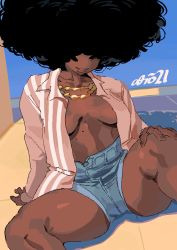 Rule 34 | 1girl, absurdres, afro, artist name, black hair, blue shorts, breasts, breasts apart, dark-skinned female, dark skin, feet out of frame, hair over eyes, highres, jewelry, medium breasts, mole, mole on stomach, necklace, original, parted lips, pink shirt, shadow, shirt, shorts, smile, solo, viv (whoopsatro), whoopsatro