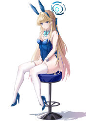 1girl absurdres animal_ears bare_shoulders blonde_hair blue_archive blue_bow blue_eyes blue_hairband blue_leotard bow bowtie braid breasts cleavage detached_collar fake_animal_ears full_body hairband halo high_heels highleg highleg_leotard highres kaijiba leotard long_hair medium_breasts official_alternate_costume official_alternate_hairstyle playboy_bunny rabbit_ears sitting solo stool thighhighs thighs toki_(blue_archive) toki_(bunny)_(blue_archive) very_long_hair white_thighhighs wrist_cuffs