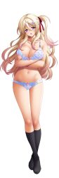 Rule 34 | 1girl, absurdres, bishop (company), black thighhighs, blonde hair, blue bra, blue panties, blush, bow, bow bra, bow panties, bra, breasts, cleavage, embarrassed, eyes visible through hair, floral print, full body, hair intakes, hair ornament, hair ribbon, hand on own chest, hanemiya tsukasa, highres, lace, lace-trimmed panties, lace trim, large breasts, lingerie, long hair, looking at viewer, multicolored hair, open mouth, panties, print bra, print panties, purple eyes, ribbon, shinshoku, side ponytail, smile, solo, thighhighs, underwear, underwear only