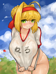 Rule 34 | 1girl, absurdres, ahoge, blonde hair, bottomless, breasts, cloud, fate/grand order, fate (series), green eyes, highres, leaning forward, long hair, looking at viewer, nero claudius (fate), sky, smile, solo, steamingtofu, sweat