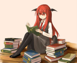 Rule 34 | 1girl, bat wings, blush, book, book stack, head wings, highres, hinami047, holding, holding book, koakuma, long hair, low wings, necktie, open book, reading, red eyes, red hair, red necktie, sitting, smile, solo, touhou, wings