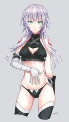 Rule 34 | 1girl, alternate hair length, alternate hairstyle, bad id, bad twitter id, bandages, bare shoulders, black panties, black thighhighs, breasts, cleavage, cleavage cutout, clothing cutout, commentary request, cowboy shot, fate/apocrypha, fate/grand order, fate (series), green eyes, jack the ripper (fate/apocrypha), long hair, navel, aged up, orii (orii i), panties, scar, short hair, solo, thighhighs, underwear, white hair