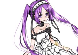 Rule 34 | 1girl, armlet, bare shoulders, choker, fate/grand order, fate/hollow ataraxia, fate (series), headband, long hair, purple eyes, purple hair, simple background, smile, stheno (fate), twintails, white background, white dress