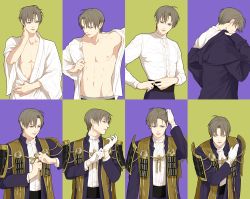 Rule 34 | 10s, 1boy, armor, bowing, brown hair, dressing, closed eyes, gloves, heshikiri hasebe, japanese armor, japanese clothes, kimono, male focus, multiple views, nipples, open clothes, open shirt, parted lips, purple eyes, sequential, shirt, shoulder armor, smile, sode, touken ranbu, twoframe, white gloves, yukata
