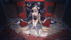 Rule 34 | 1girl, absurdly long hair, absurdres, arms behind head, arms up, atomic heart, azur lane, ball gag, bare shoulders, black blindfold, black footwear, black gloves, blindfold, blonde hair, book, book stack, bound, bound wrists, breast cutout, breasts, chain, checkered floor, cleavage, crossover, cuffs, fake horns, full body, gag, gloves, habit, hair between eyes, half gloves, halo, highres, horns, huge breasts, implacable (azur lane), indoors, jfzm001, long hair, looking at viewer, nora (atomic heart), nun, pelvic curtain, red carpet, red eyes, restrained, revealing clothes, shackles, shoes, solo, thighhighs, veil, very long hair, white horns, white thighhighs