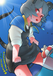 Rule 34 | absurdres, animal ears, blue capelet, capelet, clothes lift, dress, eyes visible through hair, grey dress, grey hair, grey skirt, grey vest, highres, jewelry, layered clothes, lifebuoy, long sleeves, mouse (animal), mouse ears, mouse girl, mouse tail, nazrin, pendant, red eyes, serakawa, shirt, short hair, skirt, skirt lift, skirt set, sleeves rolled up, solo, sun, sweat, sweatdrop, swim ring, tail, touhou, vest, wading, water, wet, white shirt